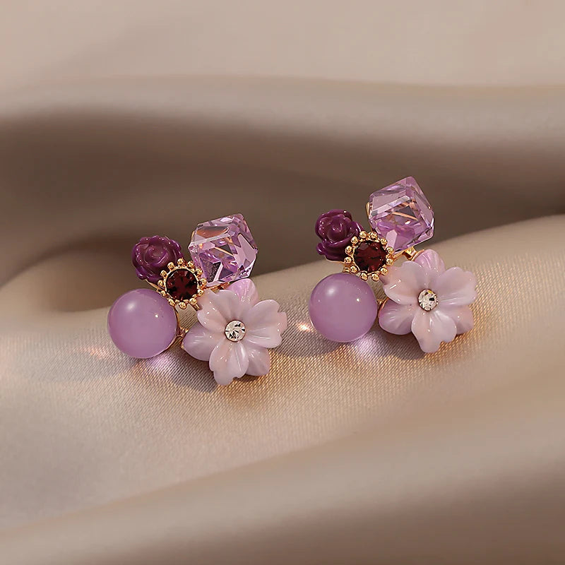 Brincos Femininos Flor de Cristal Roxo / Elegante, Estilo Coreano para Festa e Casamento