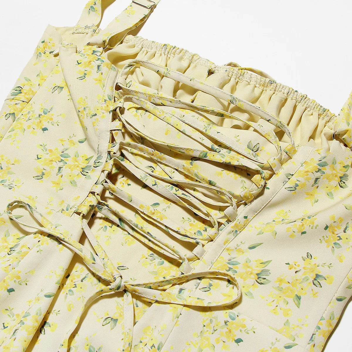 Vestido Feminino de Verão 2025 – Midi Elegante, Floral Amarelo, Alças Spaghetti, Ideal para Festa