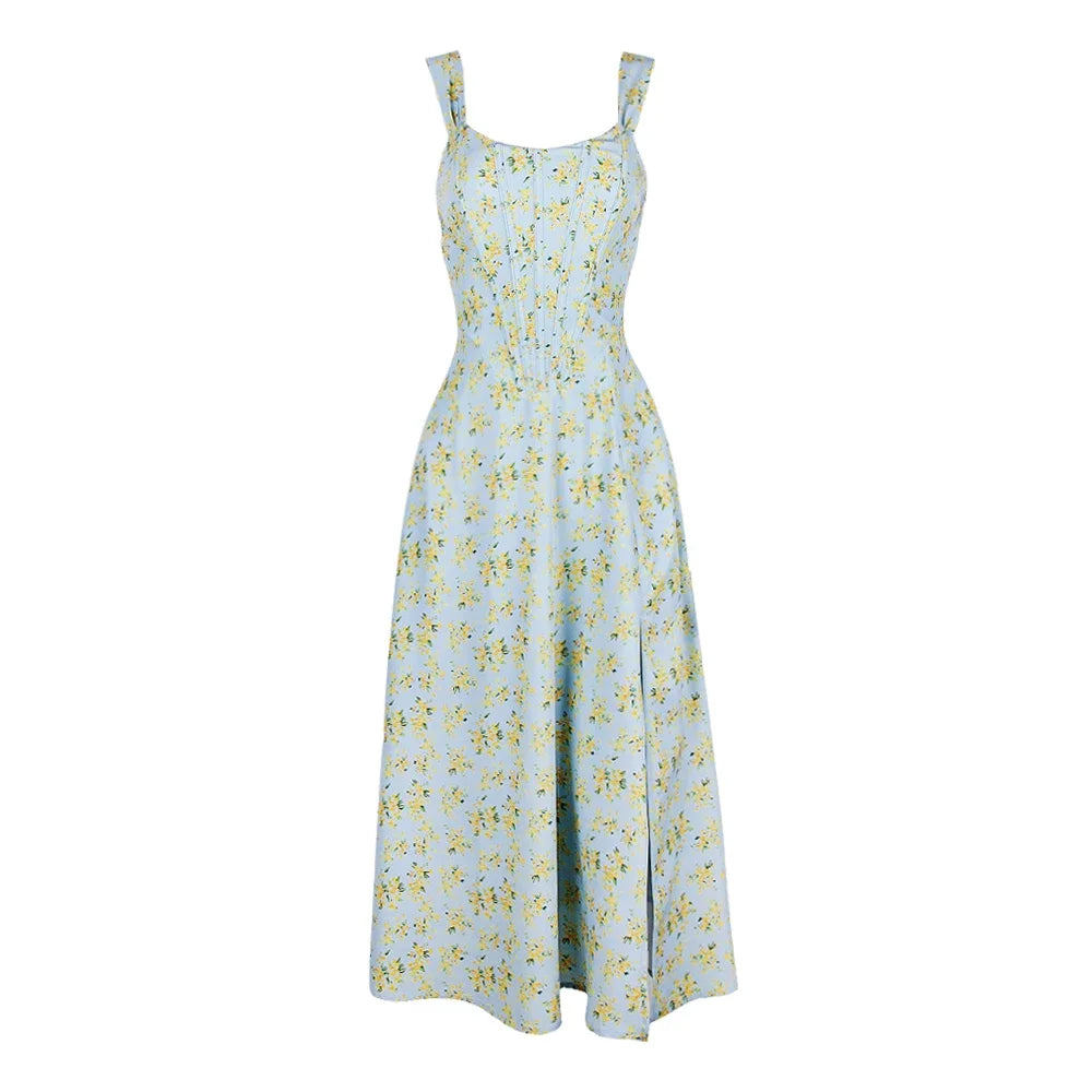 Vestido Feminino de Verão – Midi, Estilo Corset, Floral com Fenda e Saia Flare