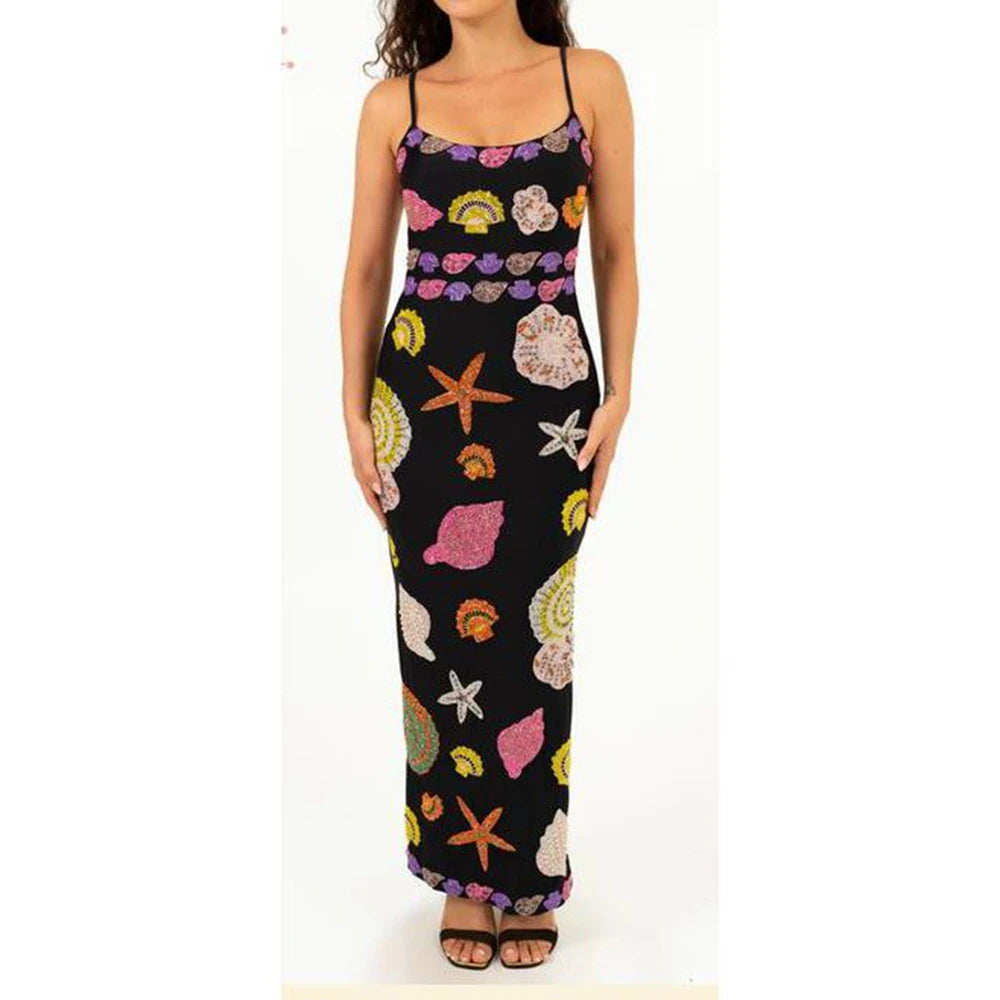 Vestido Feminino de Verão – Longo, Sem Mangas, Alças Ajustáveis, Estampa Shell com Paetês Y2K