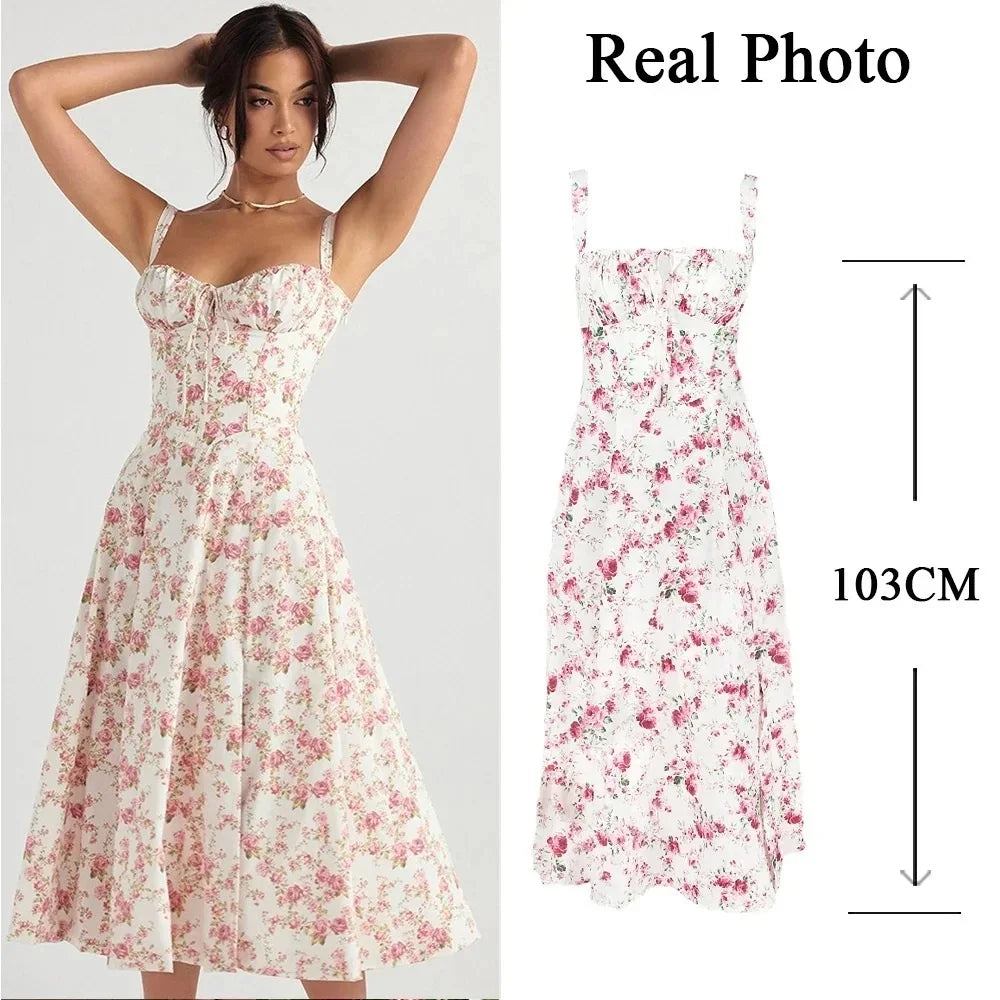 Vestido Feminino de Verão 2025 – Midi Elegante, Floral Amarelo, Alças Spaghetti, Ideal para Festa