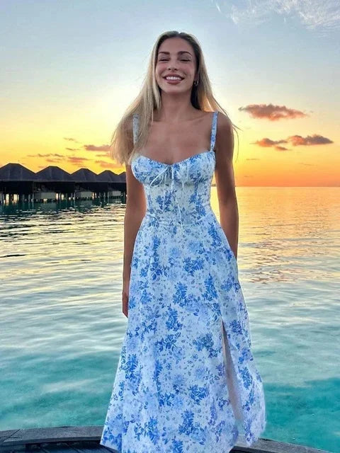 Vestido Feminino de Verão 2025 – Midi Elegante, Floral Amarelo, Alças Spaghetti, Ideal para Festa