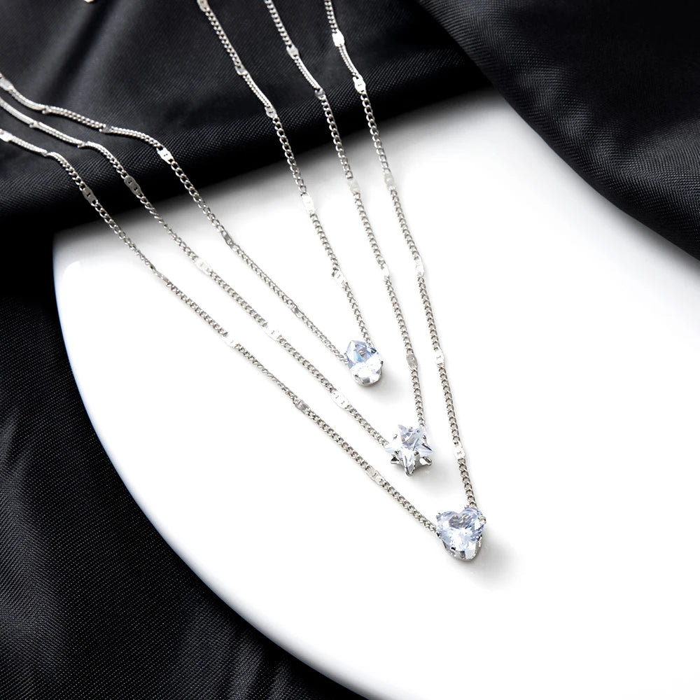 Colar Feminino Multicamadas – Pingentes Gota, Coração e Estrela, Estilo Delicado e Luxo
