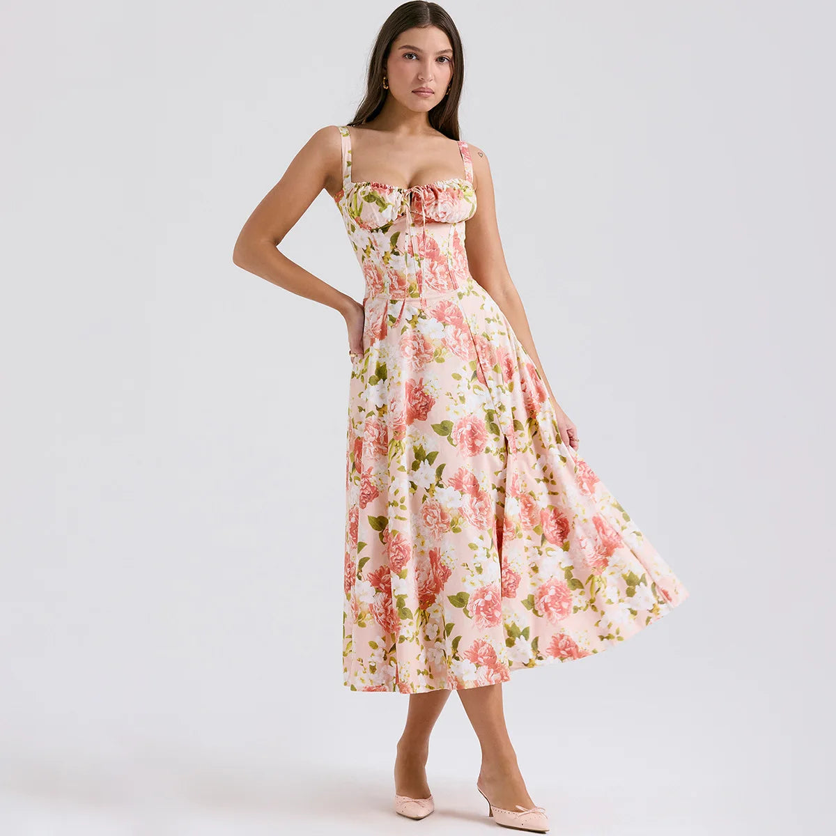 Vestido Feminino de Verão 2025 – Midi Elegante, Floral Amarelo, Alças Spaghetti, Ideal para Festa