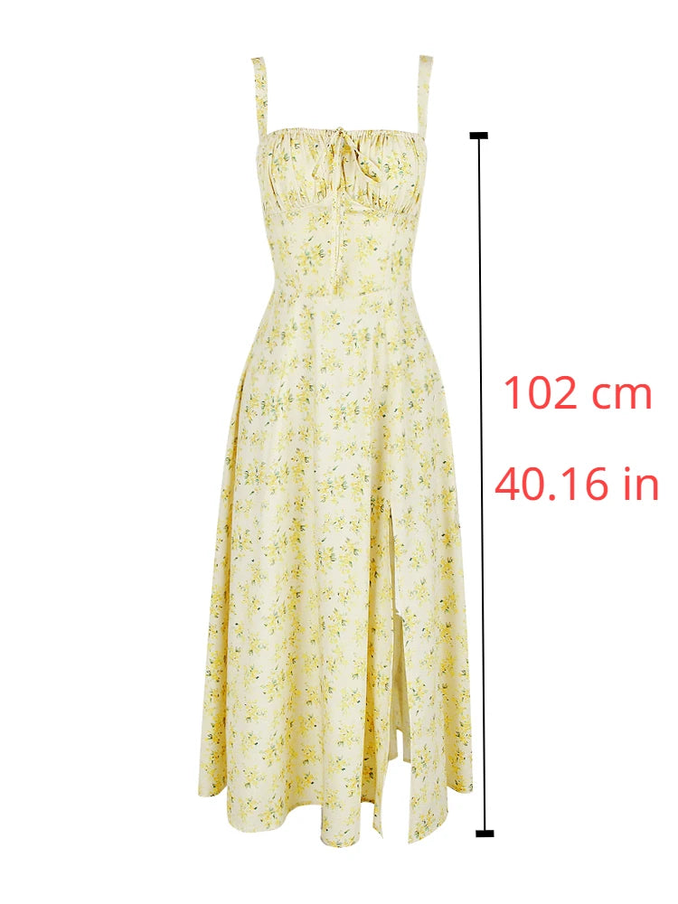 Vestido Feminino de Verão 2025 – Midi Elegante, Floral Amarelo, Alças Spaghetti, Ideal para Festa