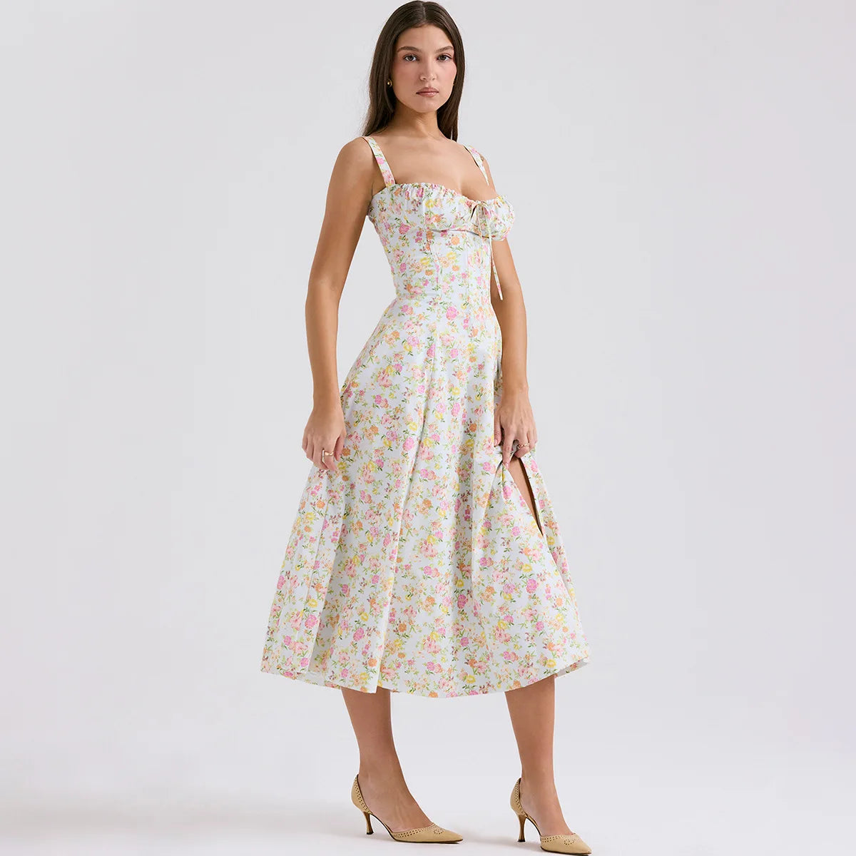Vestido Feminino de Verão 2025 – Midi Elegante, Floral Amarelo, Alças Spaghetti, Ideal para Festa