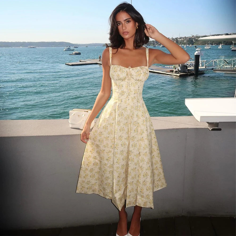 Vestido Feminino de Verão 2025 – Midi Elegante, Floral Amarelo, Alças Spaghetti, Ideal para Festa