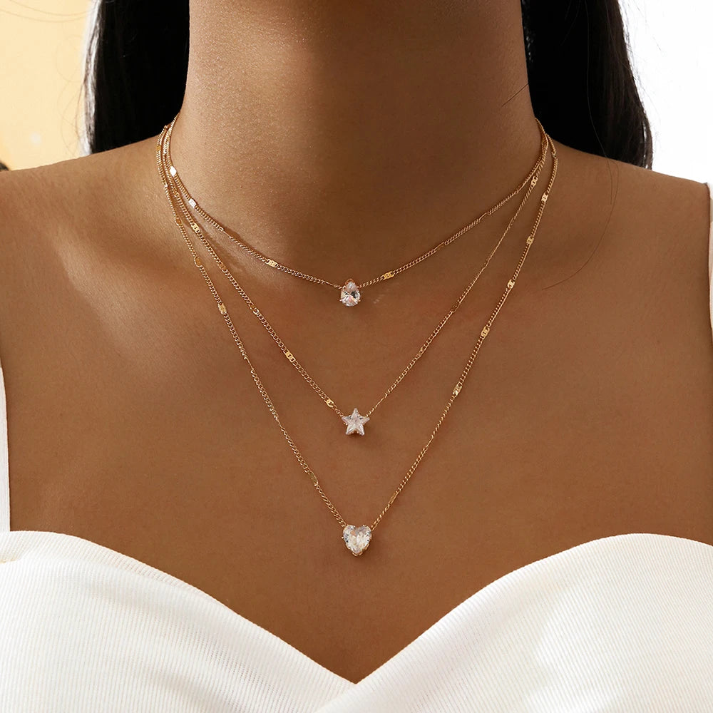 Colar Feminino Multicamadas – Pingentes Gota, Coração e Estrela, Estilo Delicado e Luxo