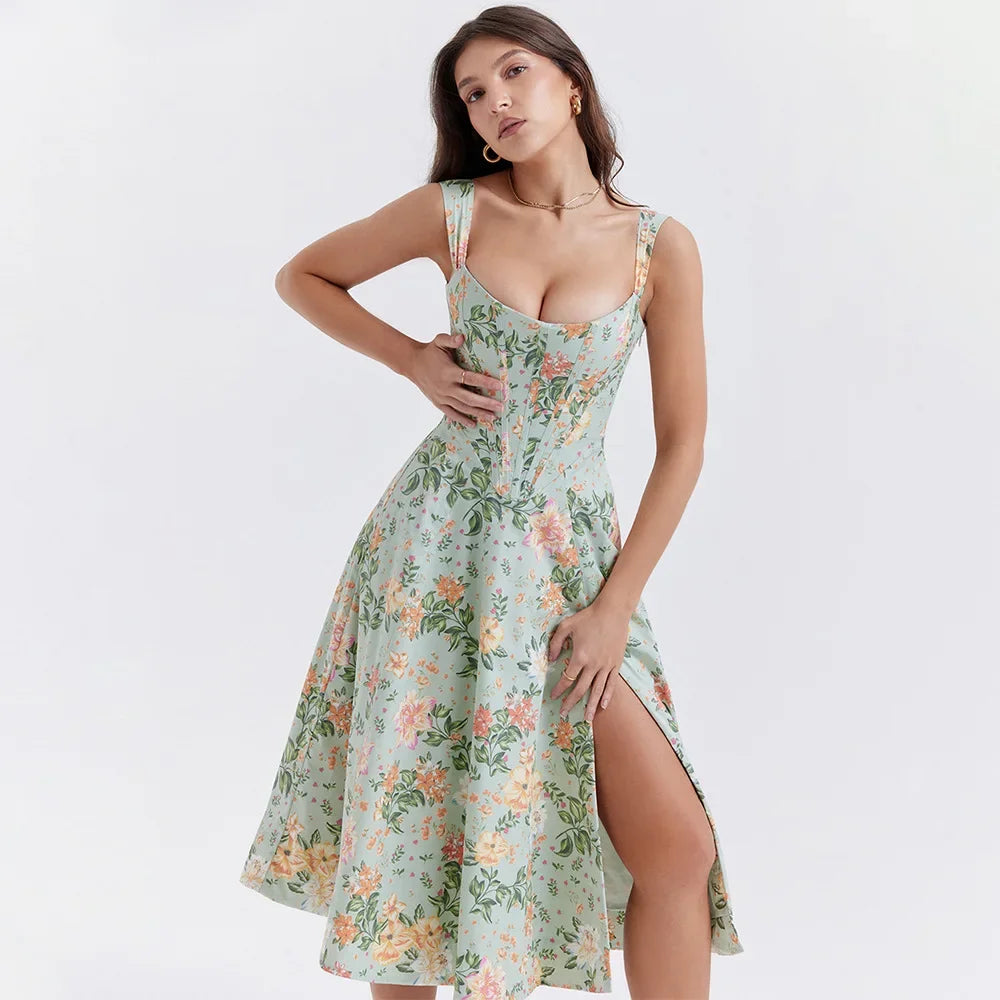 Vestido Feminino de Verão – Midi, Estilo Corset, Floral com Fenda e Saia Flare
