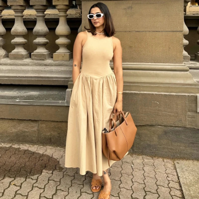 Vestido Longo Elegante Feminino HXAO – Sem Mangas, Estilo Casual e Festa, Moda Y2K 2025