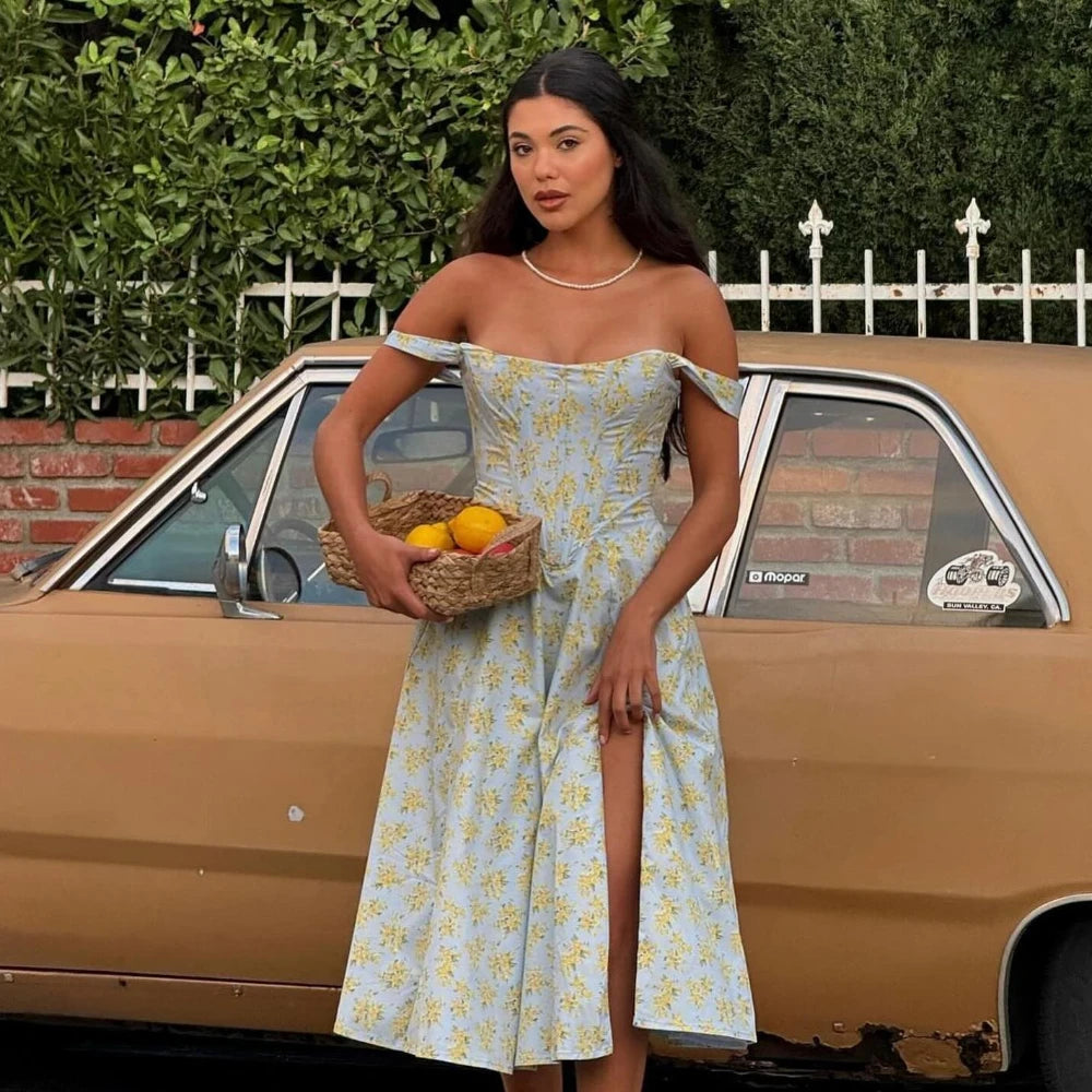 Vestido Feminino de Verão – Midi, Estilo Corset, Floral com Fenda e Saia Flare