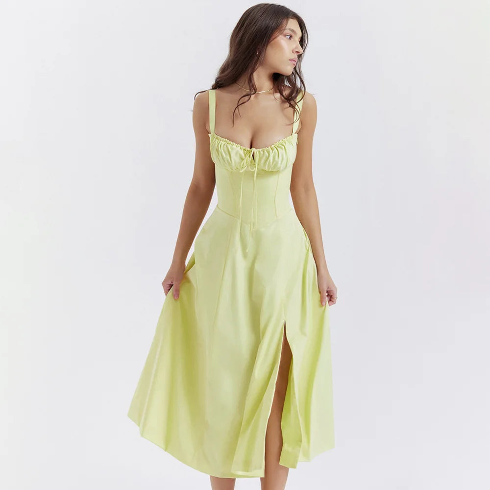 Vestido Feminino de Verão 2025 – Midi Elegante, Floral Amarelo, Alças Spaghetti, Ideal para Festa