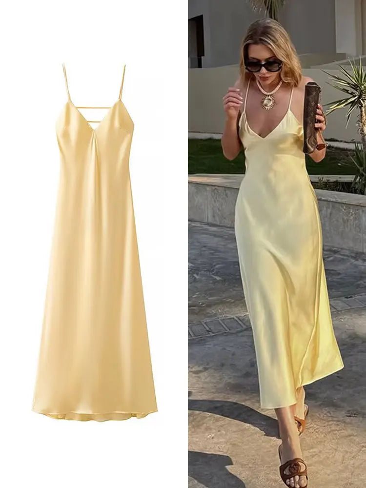 TRAFZA Vestido Feminino de Verão Amarelo em Cetim, Decote em V, Alças Finas, Elegante, Sem Mangas, Solto, Longo, 2025 Novo, para Festa e Férias