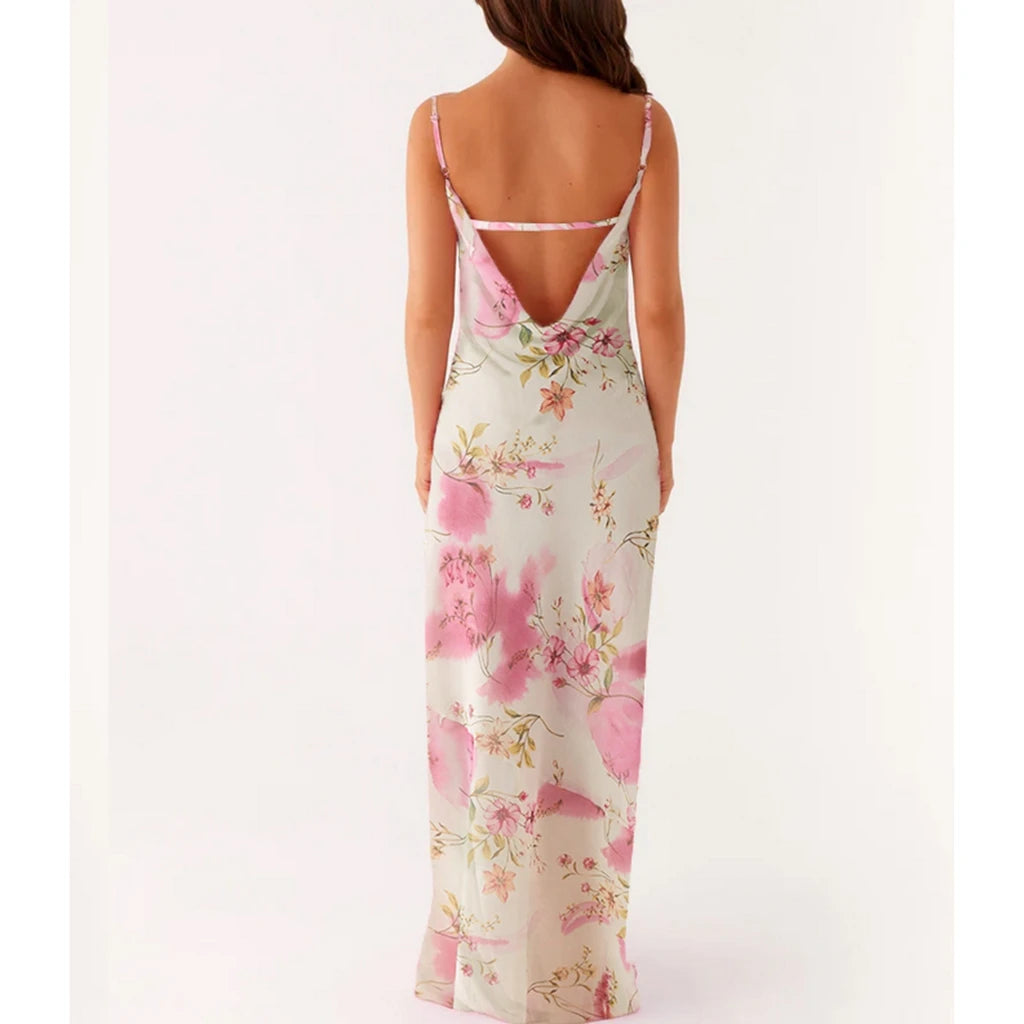 Vestido Feminino de Verão Combhasaki – Longo, Alças Finas Ajustáveis, Estampa Floral, Costas Vazadas
