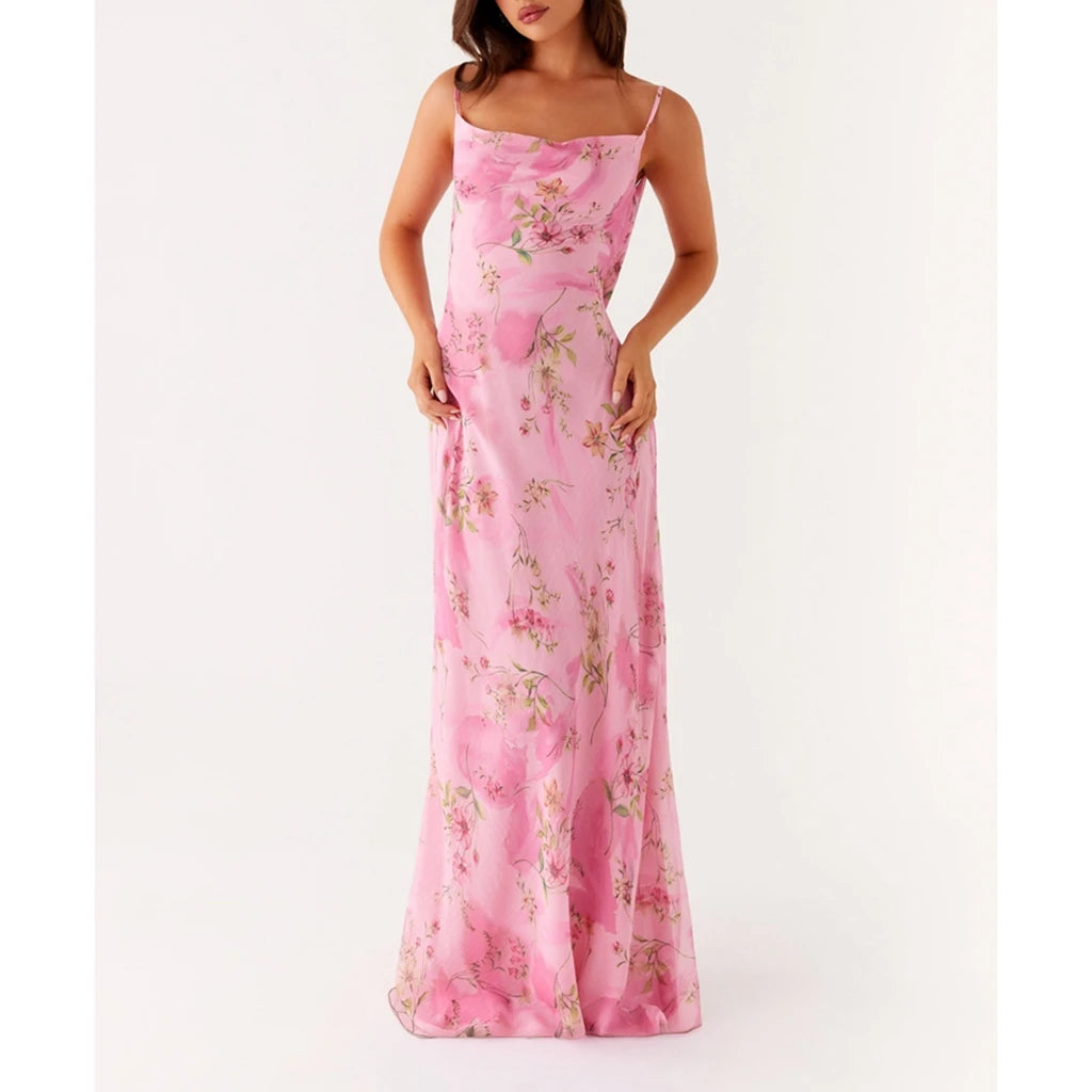 Vestido Feminino de Verão Combhasaki – Longo, Alças Finas Ajustáveis, Estampa Floral, Costas Vazadas