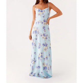 Vestido Feminino de Verão Combhasaki – Longo, Alças Finas Ajustáveis, Estampa Floral, Costas Vazadas