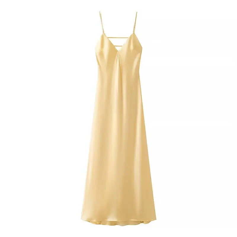 TRAFZA Vestido Feminino de Verão Amarelo em Cetim, Decote em V, Alças Finas, Elegante, Sem Mangas, Solto, Longo, 2025 Novo, para Festa e Férias
