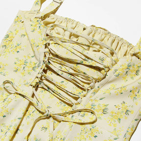 Vestido Feminino de Verão 2025 – Midi Elegante, Floral Amarelo, Alças Spaghetti, Ideal para Festa