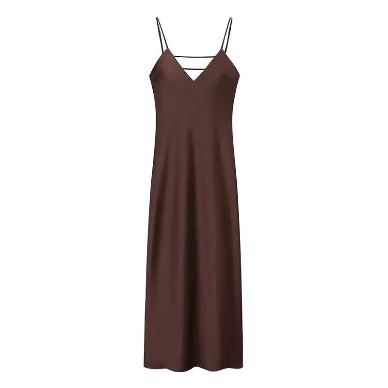 TRAFZA Vestido Feminino de Verão Amarelo em Cetim, Decote em V, Alças Finas, Elegante, Sem Mangas, Solto, Longo, 2025 Novo, para Festa e Férias