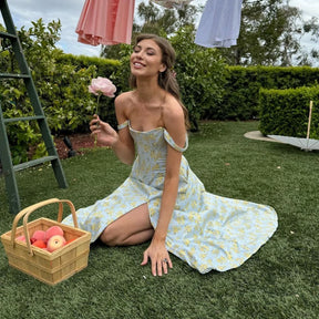 Vestido Feminino de Verão – Midi, Estilo Corset, Floral com Fenda e Saia Flare