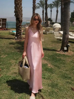 TRAFZA Vestido Feminino de Verão Amarelo em Cetim, Decote em V, Alças Finas, Elegante, Sem Mangas, Solto, Longo, 2025 Novo, para Festa e Férias