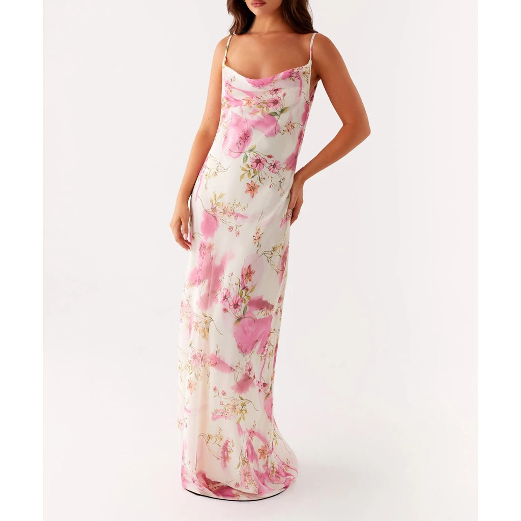 Vestido Feminino de Verão Combhasaki – Longo, Alças Finas Ajustáveis, Estampa Floral, Costas Vazadas