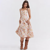 Vestido Feminino de Verão – Midi, Estilo Corset, Floral com Fenda e Saia Flare
