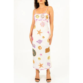 Vestido Feminino de Verão – Longo, Sem Mangas, Alças Ajustáveis, Estampa Shell com Paetês Y2K
