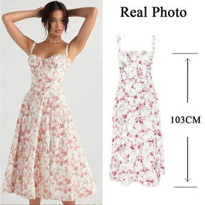 Vestido Feminino de Verão 2025 – Midi Elegante, Floral Amarelo, Alças Spaghetti, Ideal para Festa