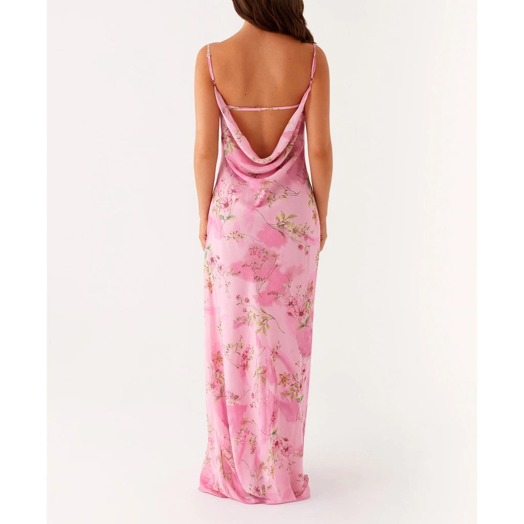 Vestido Feminino de Verão Combhasaki – Longo, Alças Finas Ajustáveis, Estampa Floral, Costas Vazadas