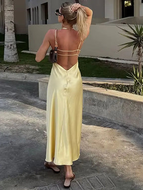 TRAFZA Vestido Feminino de Verão Amarelo em Cetim, Decote em V, Alças Finas, Elegante, Sem Mangas, Solto, Longo, 2025 Novo, para Festa e Férias