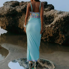 Vestido Feminino de Verão – Longo, Sem Mangas, Alças Ajustáveis, Estampa Shell com Paetês Y2K