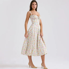Vestido Feminino de Verão 2025 – Midi Elegante, Floral Amarelo, Alças Spaghetti, Ideal para Festa