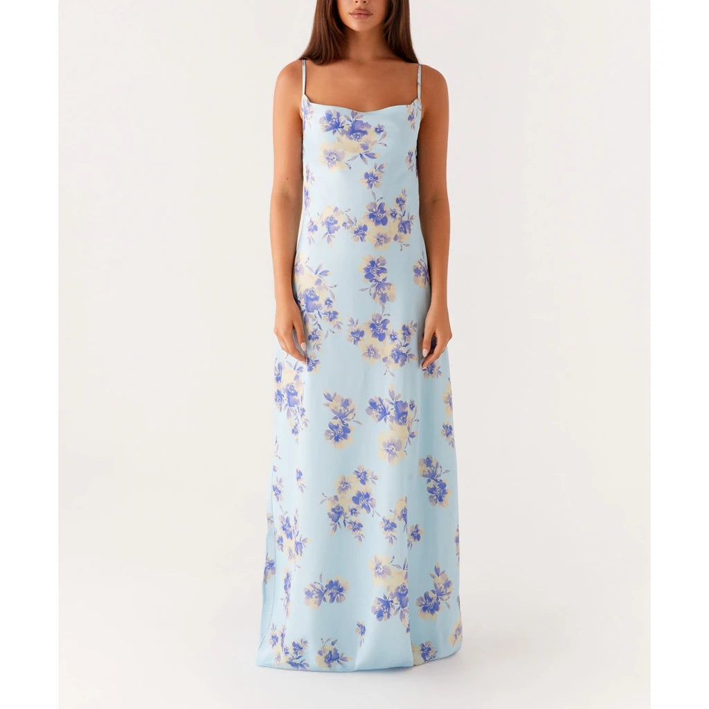 Vestido Feminino de Verão Combhasaki – Longo, Alças Finas Ajustáveis, Estampa Floral, Costas Vazadas