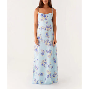 Vestido Feminino de Verão Combhasaki – Longo, Alças Finas Ajustáveis, Estampa Floral, Costas Vazadas