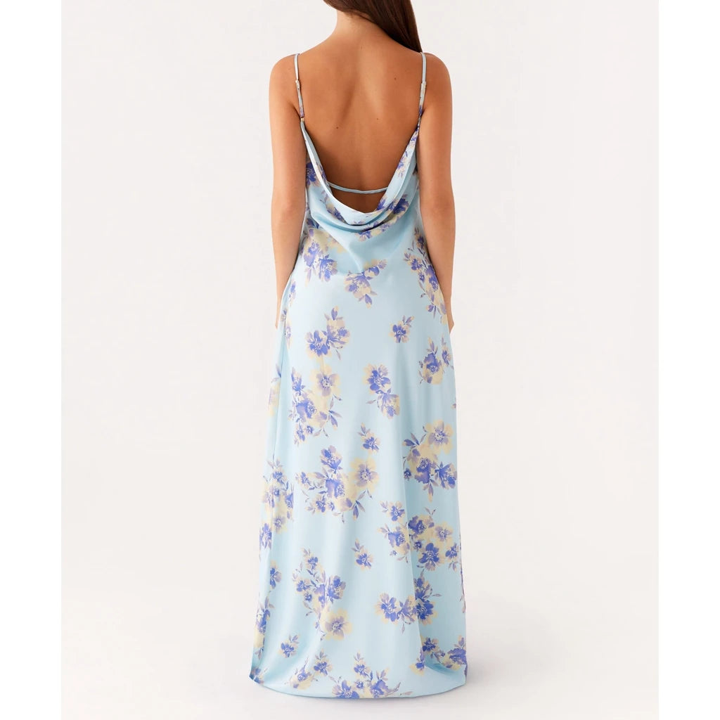 Vestido Feminino de Verão Combhasaki – Longo, Alças Finas Ajustáveis, Estampa Floral, Costas Vazadas