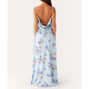 Vestido Feminino de Verão Combhasaki – Longo, Alças Finas Ajustáveis, Estampa Floral, Costas Vazadas
