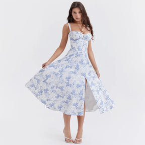 Vestido Feminino de Verão – Midi, Estilo Corset, Floral com Fenda e Saia Flare