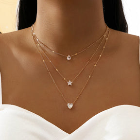 Colar Feminino Multicamadas – Pingentes Gota, Coração e Estrela, Estilo Delicado e Luxo