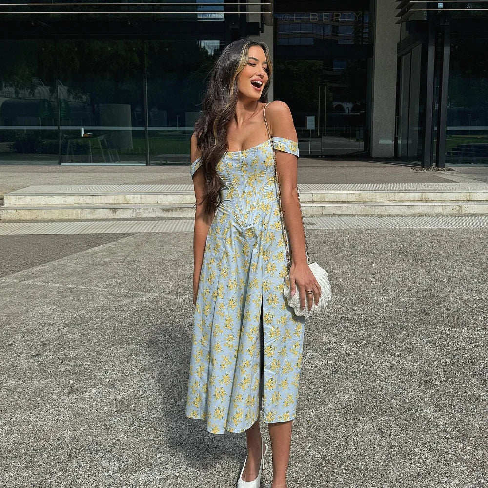 Vestido Feminino de Verão – Midi, Estilo Corset, Floral com Fenda e Saia Flare