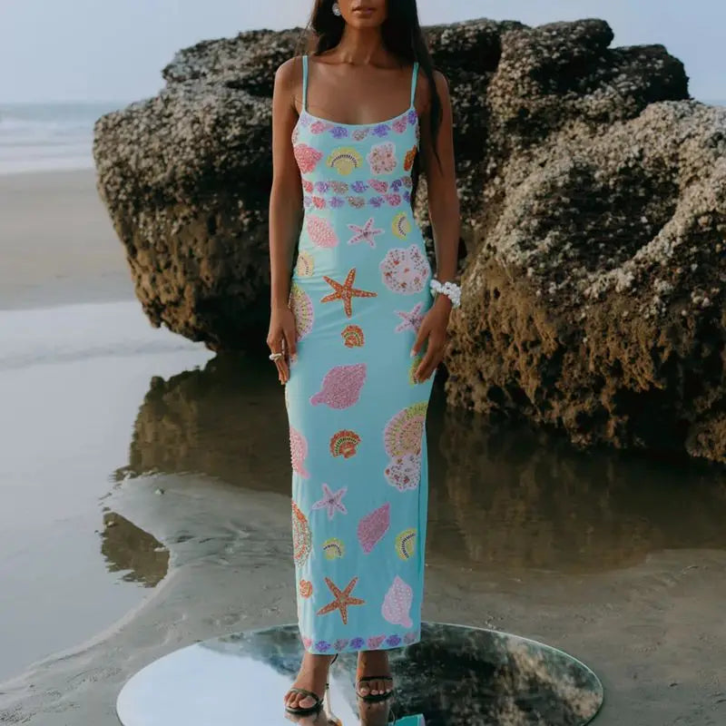 Vestido Feminino de Verão – Longo, Sem Mangas, Alças Ajustáveis, Estampa Shell com Paetês Y2K