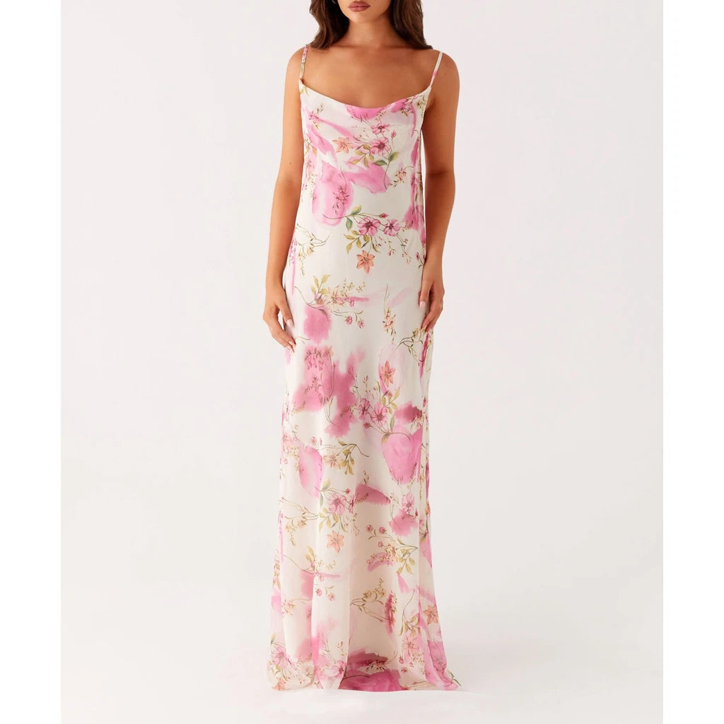 Vestido Feminino de Verão Combhasaki – Longo, Alças Finas Ajustáveis, Estampa Floral, Costas Vazadas