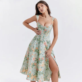 Vestido Feminino de Verão – Midi, Estilo Corset, Floral com Fenda e Saia Flare