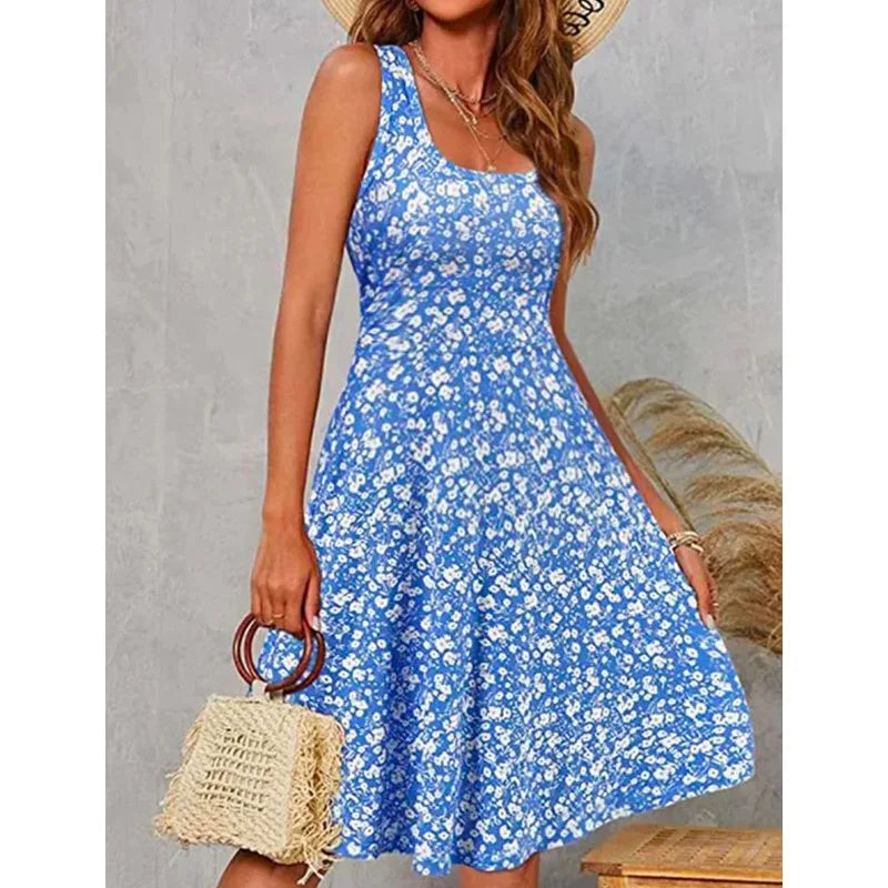 Vestido Midi Floral Feminino – Sem Mangas, Casual de Verão e  Elegante