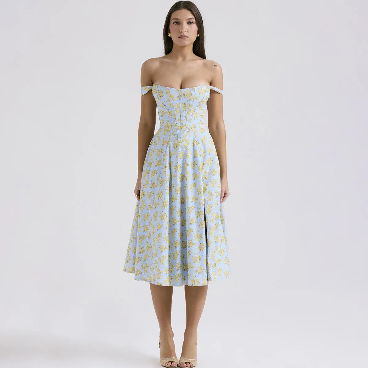 Vestido Feminino de Verão – Midi, Estilo Corset, Floral com Fenda e Saia Flare