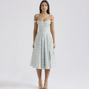 Vestido Feminino de Verão – Midi, Estilo Corset, Floral com Fenda e Saia Flare