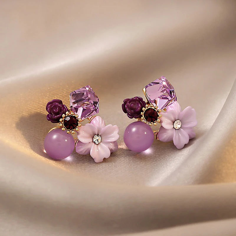 Brincos Femininos Flor de Cristal Roxo /  Elegante, Estilo Coreano para Festa e Casamento