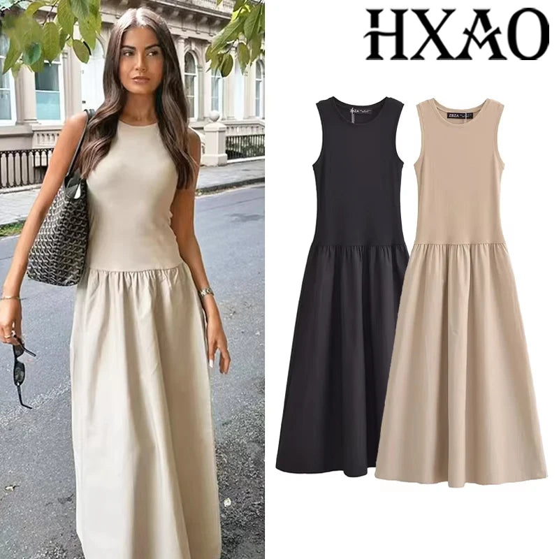 Vestido Longo Elegante Feminino HXAO – Sem Mangas, Estilo Casual e Festa, Moda Y2K 2025