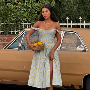 Vestido Feminino de Verão – Midi, Estilo Corset, Floral com Fenda e Saia Flare
