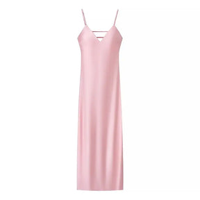 TRAFZA Vestido Feminino de Verão Amarelo em Cetim, Decote em V, Alças Finas, Elegante, Sem Mangas, Solto, Longo, 2025 Novo, para Festa e Férias